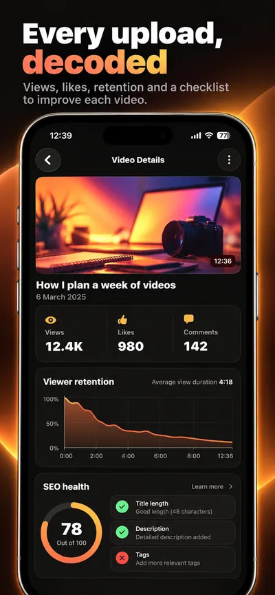 Video details with viewer retention and an SEO health score